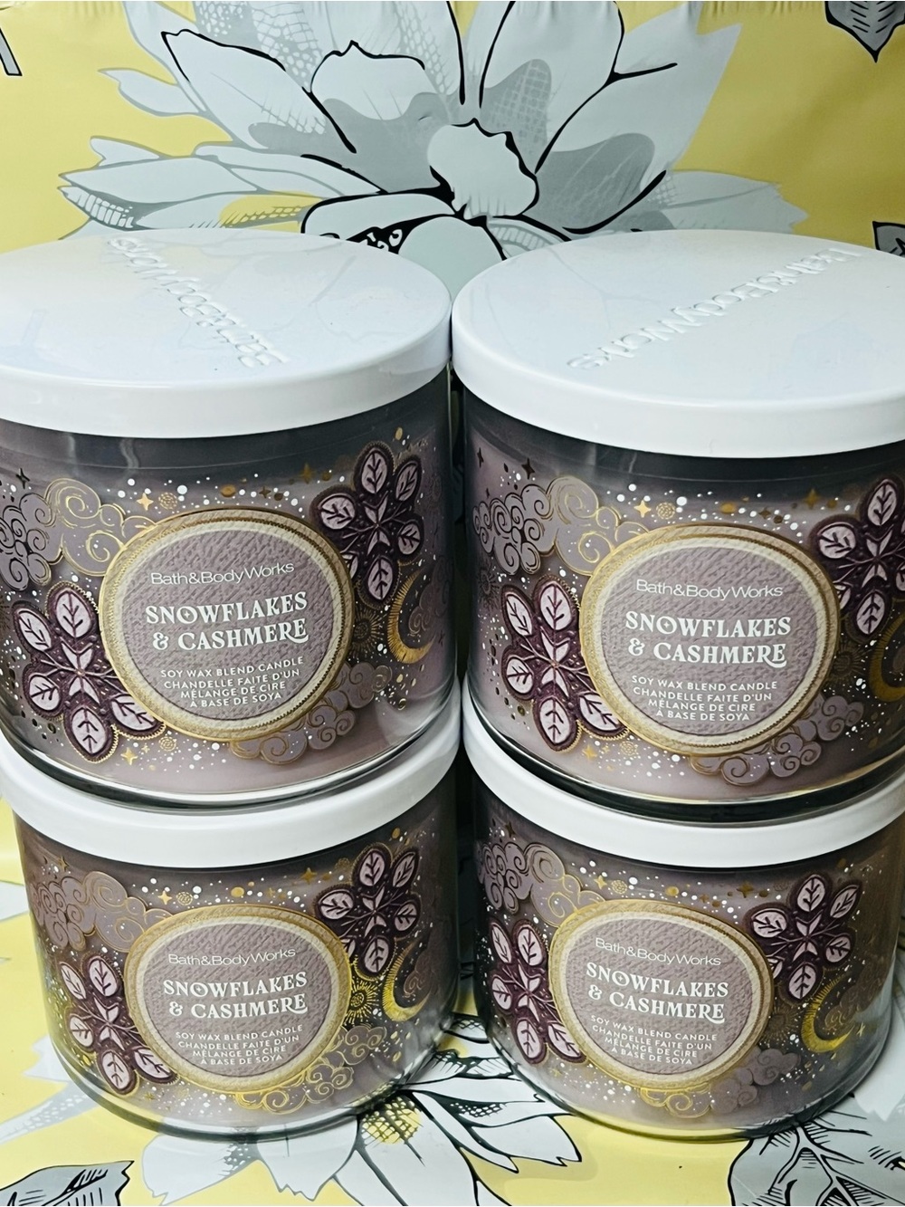 4 Bath & Body Works Snowflakes & Cashmere 3-Wick Candle - White Lid